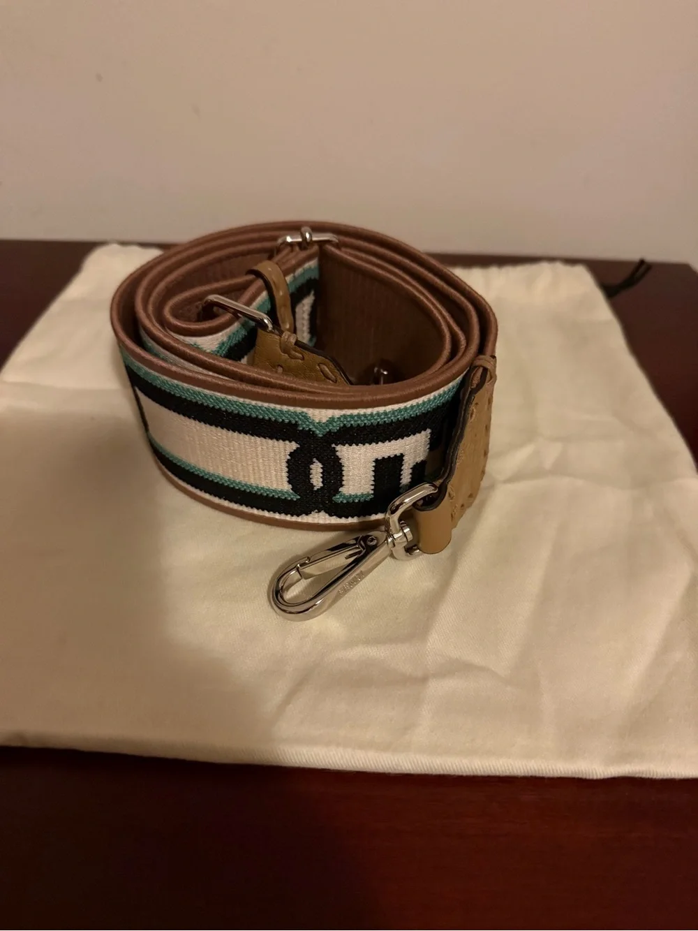 ****Price Firm*** Fendi Black, White & Tan Logo Webbing Strap with Turquoise Acc
